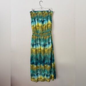 Vintage Y2K Size L Strapless Maxi Dress Rainbow Boho Tye-Dye Paisley Fairy